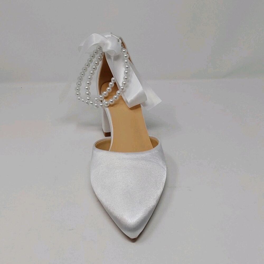White Satin Bridal Pearl Ankle Strap Block Heel Wedding Pumps Women’s Size 8.5 - Picture 6 of 15